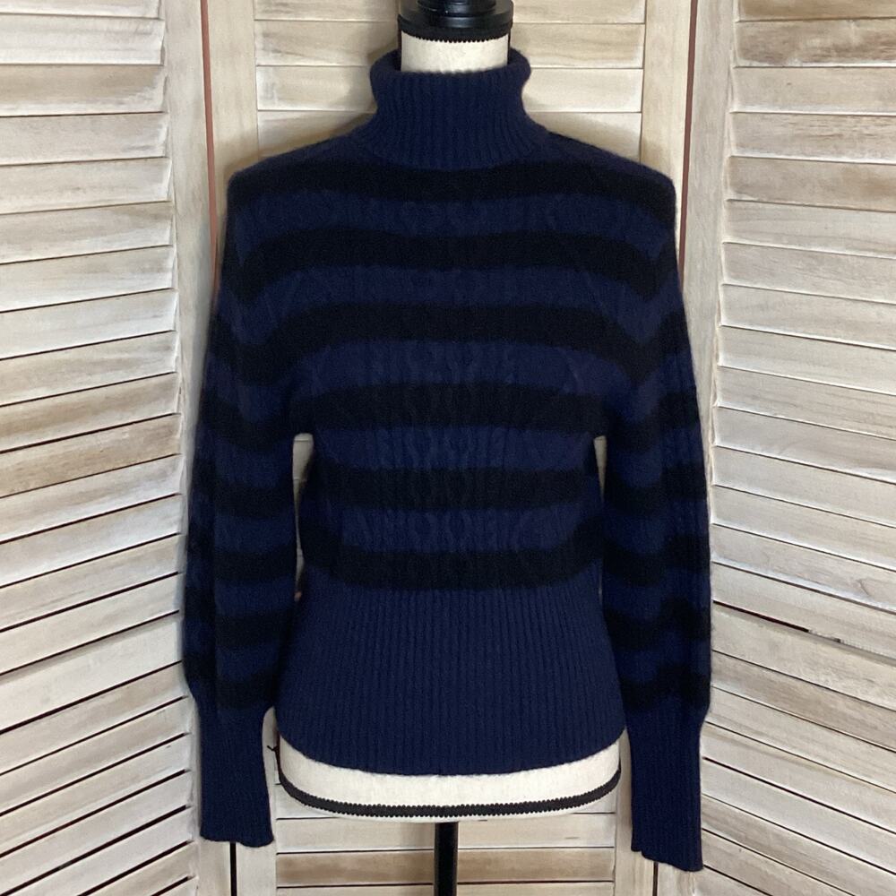 Jumper 1234 Navy Black Stripe Cable Knit Turtleneck Cashmere Sweater M 2